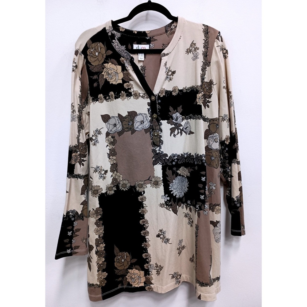 Denim & Co BOHO Tunic Top Womens 1X Brown Floral Patchwork Long Sleeve Henley